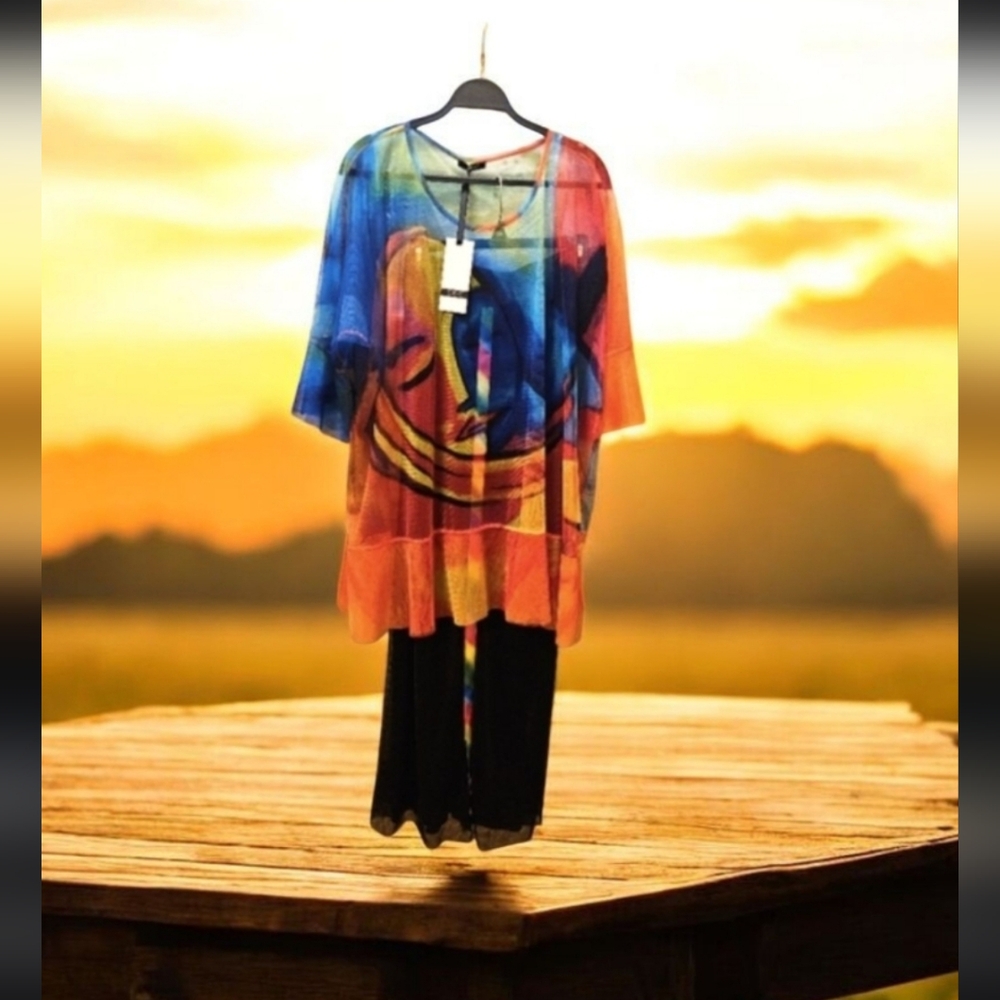 Pant Suit Custom Made By CN-G Sheer Colorful Top W Wide Leg Stretch Pant…